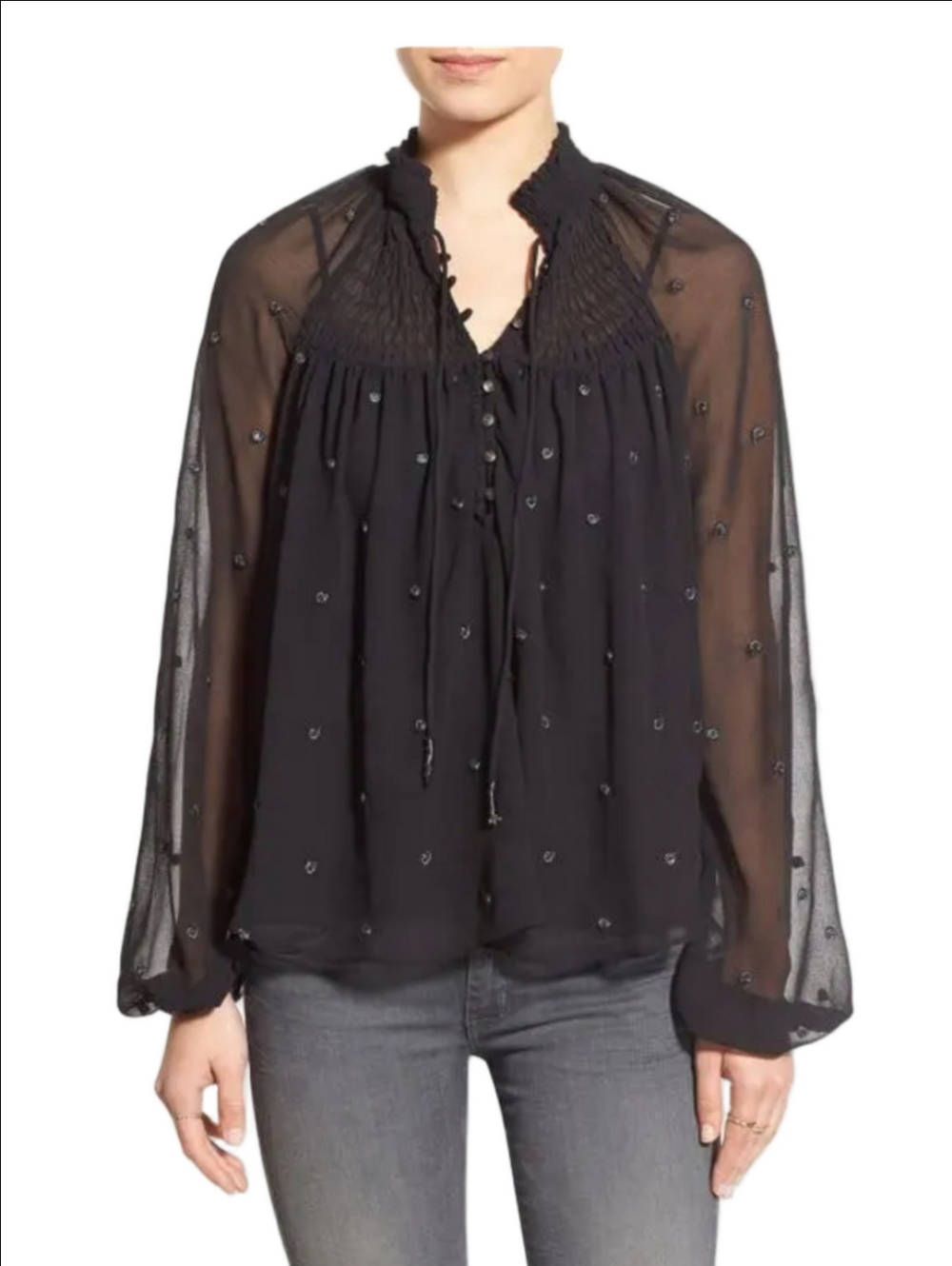 Free People Ready to Run Top Black Sheer Chiffon Boho Long-sleeve M Witchy Goth - Picture 2 of 8